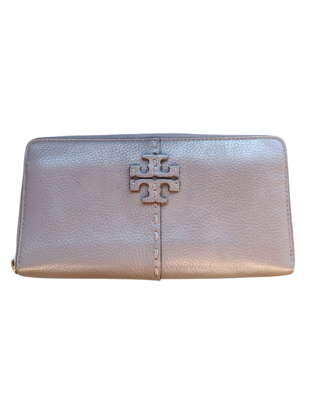 Tory Burch McGraw Continental Zip Wallet Beige Pebbled Leather Gold Zip